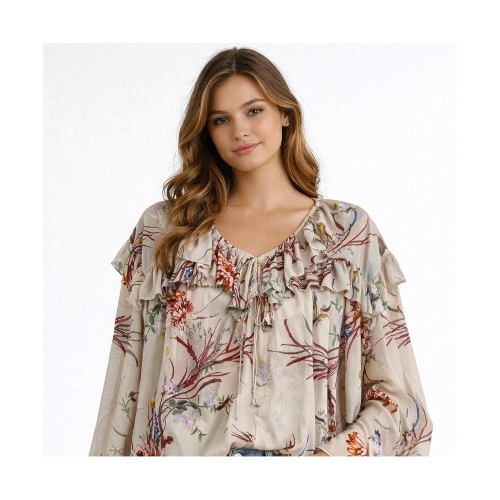 H&M Floral Ruffle Blouse Womens XL Beige Boho Chiffon Tiered Long Sleeve Top NWT